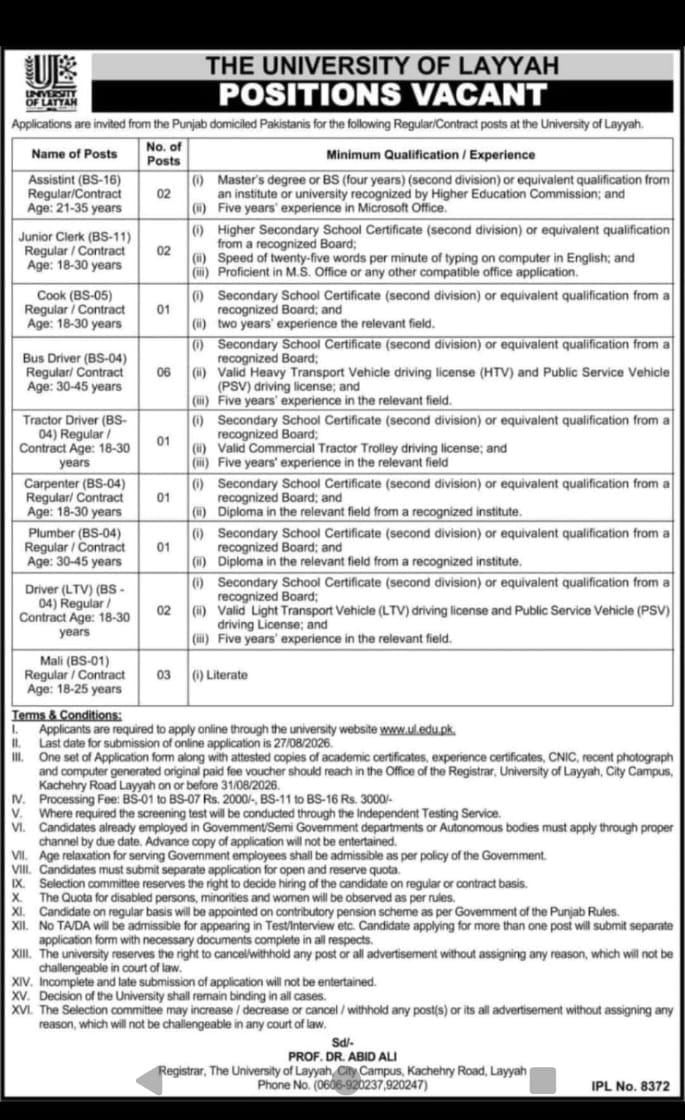 Permanent Jobs Advertisement - University of Layyah