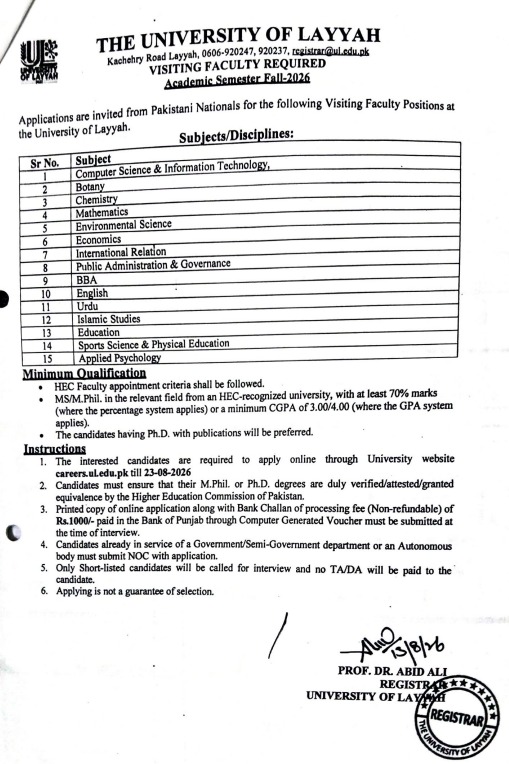 Visiting Faculty Advertisement - University of Layyah