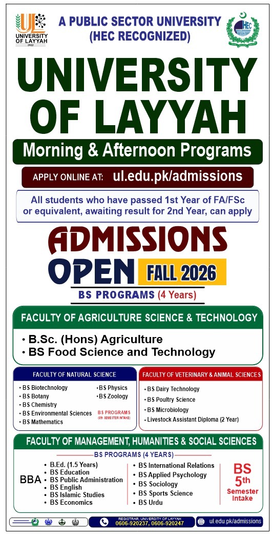 University of Layyah - Admissions Open Fall 2026